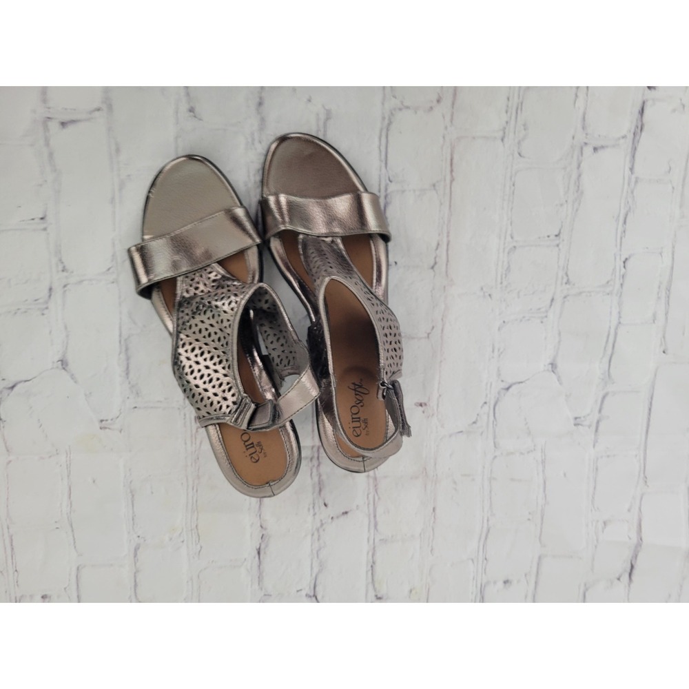 Eurosoft by Sofft Vania Pewter Metallic Laser Cut Wedge Sandals Womens 9.5‎ M